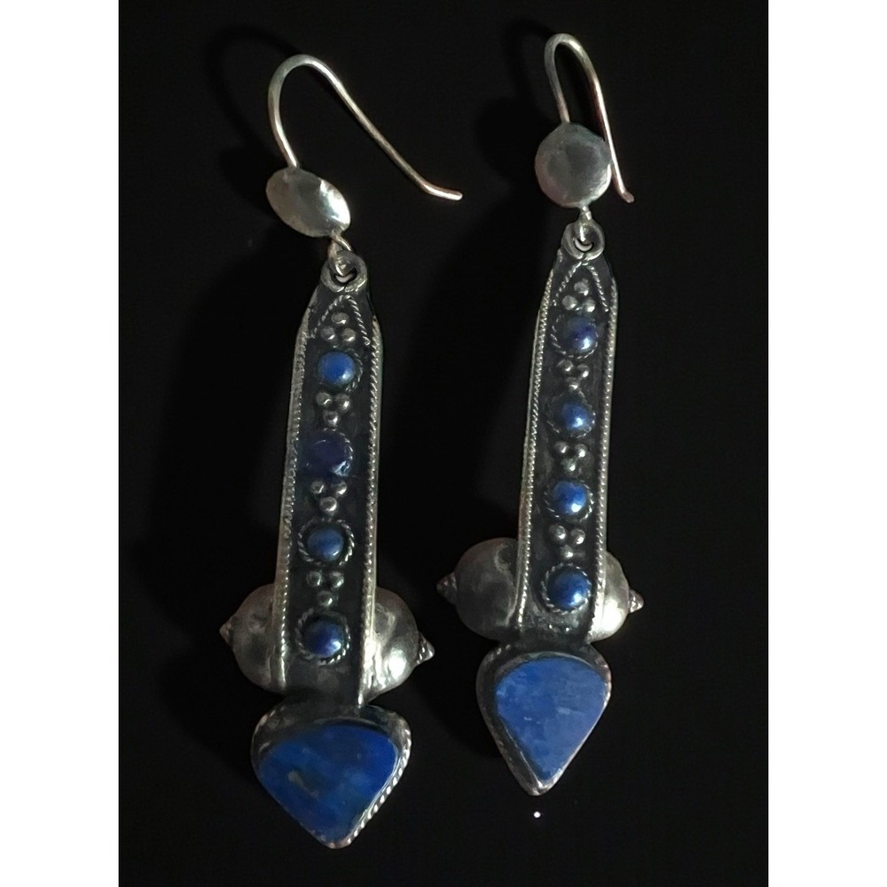 Vintage 925 Sterling Silver Lapis Lazuli Dangle Earrings Pierced 2" Art‎ Deco